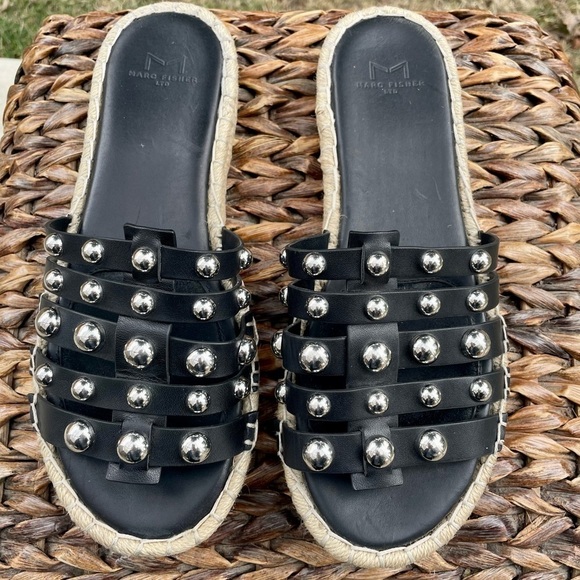 Marc Fisher Black Studded Strappy Tamie Platform Slip On Leather Espadrille Sz 8 - Picture 5 of 11